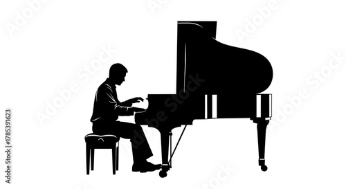 Silhouette of pianist playing grand piano musical instrument art