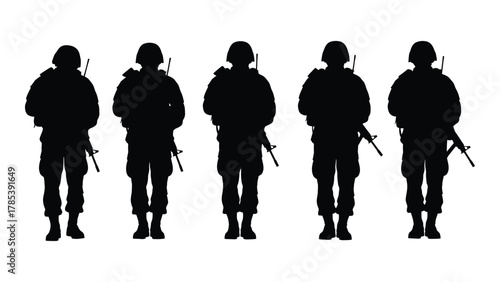 Five military soldier silhouettes isolated on white background, Vector