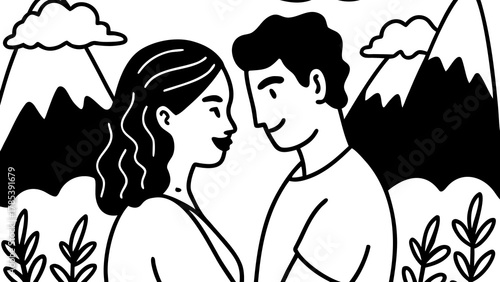 Young couple kissing moment in hill