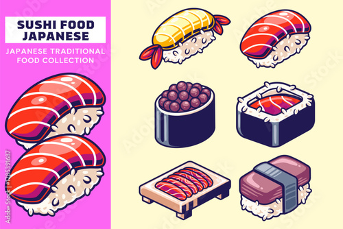 Sushi and Japanese Food Collection. Traditional Food with Nigiri, Maki, Sashimi Plate, and Seafood. Set Element for Food and Drink. Asian Culinary in Cartoon Colorful Color