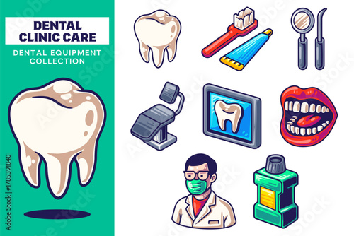 Dental Clinic Tool Collection. Dentist and Hygiene with tooth, toothbrush, x-ray, and mouthwash. Set Element for Medical. Oral Health Care in Cartoon Colorful Color