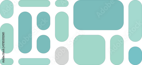 Abstract arrangement of rounded rectangles and ovals in teal and mint green