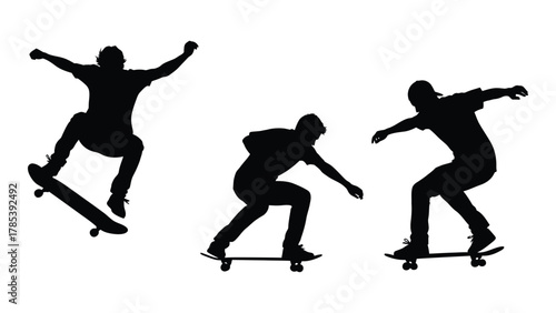 Dynamic skateboarder silhouettes isolated on white background, Vector