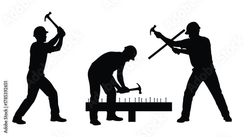 Construction workers hammering silhouettes isolated on white background, Vector