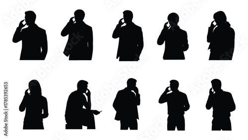 Silhouettes of people talking on cell phones isolated on white background, Vector
