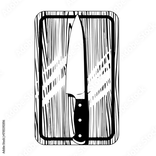 Classic line art illustration featuring essential cooking utensils a sharp chef's knife resting on a rustic wooden cutting board, symbolizing food preparation and culinary arts