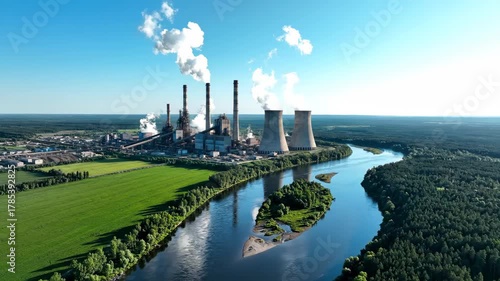 Aerial View of a Large Power Plant Station by a River Emitting Steam.
