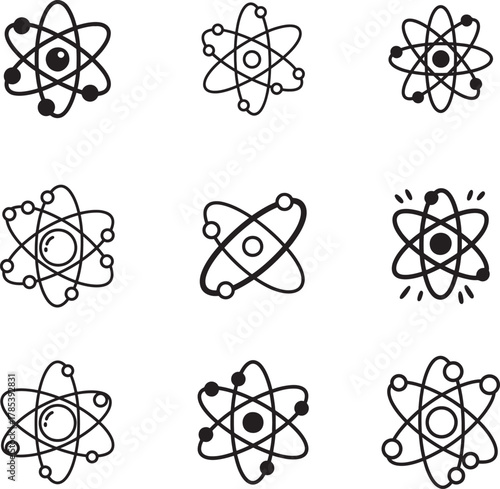 Atom Science doodle line art collection. Includes line art symbols atom, science, physics, molecule, electron and more. Atom doodle set. Minimalist doodles pack.