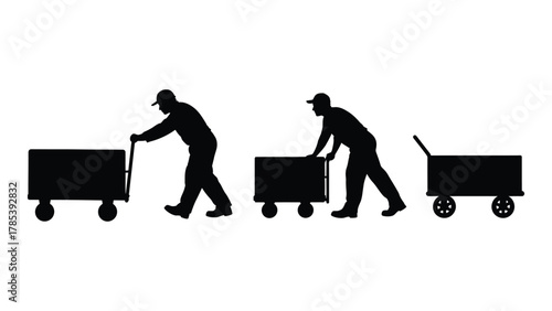 Men pushing carts silhouettes isolated on white background, Vector