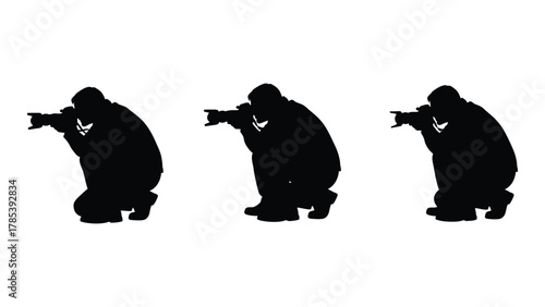 Crouching photographer silhouettes isolated on white background, Vector