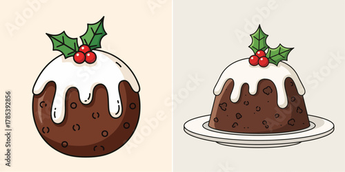 Cute Vector Christmas Pudding Desserts with Holly Berries and Cream