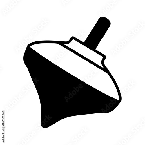 Simple black and white vector icon of a classic spinning top toy, representing motion and nostalgia on a clean background
