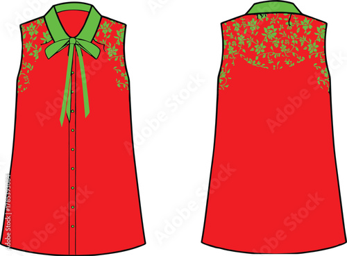 Sleeveless blouse sketch, front and back view, green lace shoulder detail, bow neckline, red body, fashion illustration, stylish garment design, vector apparel concept
