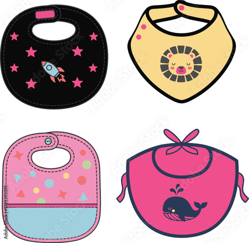 Baby bib illustration set, rocket, lion, whale, geometric shapes, colorful design, cute accessories, infant fashion sketch, vector apparel, playful babywear concept
