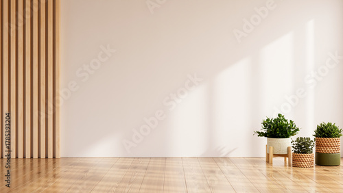 Modern minimalist interior with natural wooden floor and wall panels, decorated with green potted plants in sunlight- 3D rendering