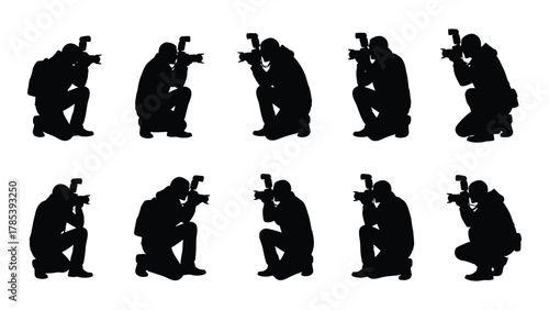 Photographer silhouettes with cameras and flashes isolated on white background, Vector