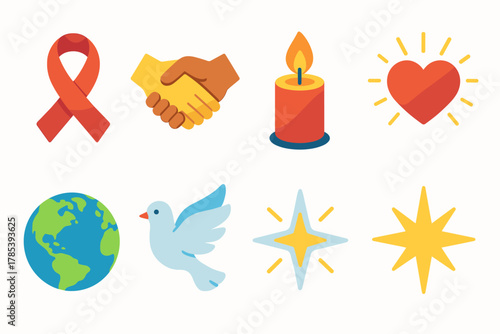 Unity & Compassion Icons. Unity & Compassion modern flat icon set: red ribbon, holding hands, glowing candle, heart, light rays, world map, dove, shining star.