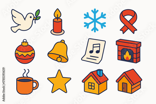 Festive Spirit Icons. Peaceful Festive Spirit modern flat icon set: dove, olive branch, candle flame, snowflake, soft ribbon, ornament ball, bell, music sheet, fireplace, warm cup,
