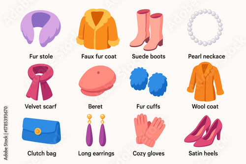 Chic Fur Fashion Icons. Soft Glam Fur Style modern flat icon set: fur wrap, faux fur coat, suede boots, pearl necklace, velvet scarf, beret, fur cuffs, wool coat, clutch bag, long