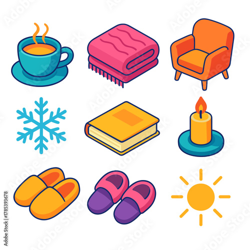 Cozy Essentials Icons. Peaceful Day After modern flat icon set: tea cup, soft blanket, chair, candlelight, snowflake, book, slippers, glow.
