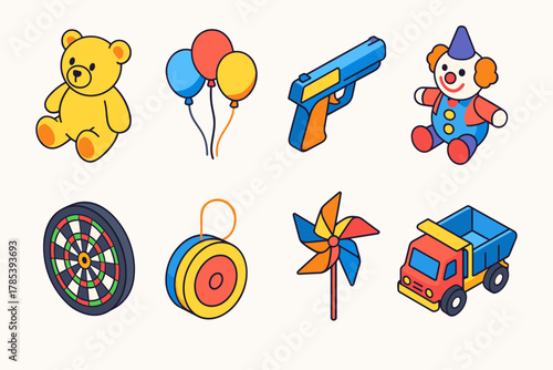 Carnival Toy Stands Icons. Carnival Toy Stands modern flat icon set: plush toy, balloons, toy gun, clown doll, dartboard prize, yo-yo, pinwheel, toy truck.