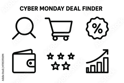Cyber Monday Icons. Cyber Monday Deal Finder outline icon set: search icon, shopping cart, discount badge, wallet, star rating, graph.