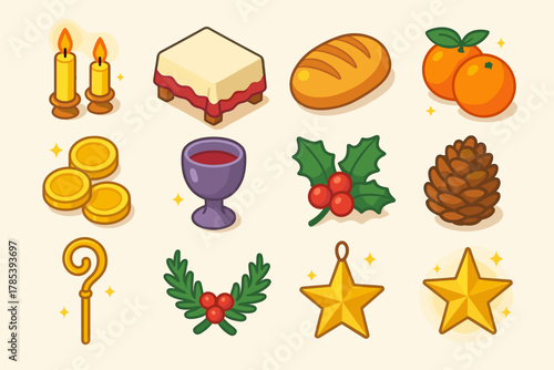 Modern Holy Feast Icons. Holy Feast Setting modern flat icon set: candles, tablecloth, bread loaf, oranges, coins, cup of wine, holly sprig, pinecone, bishop staff, garland, star