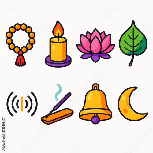 Bodhi Day Icons. Bodhi Day Chanting Ritual modern flat icon set: prayer beads, candle flame, lotus flower, Bodhi leaf, sound waves, incense, bell, moon.