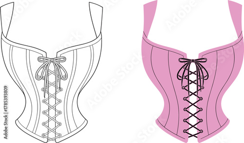 Corset fashion illustration, pink and black lace-up design, front view sketch, garment construction detail, stylish lingerie concept, vector apparel, fashion artwork duo