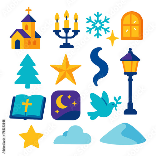Sacred Village Icons. Sacred Village Radiance modern flat icon set: chapel tower, candle holder, snowflake sparkle, glowing window, pine tree silhouette, golden star, smoke plume,