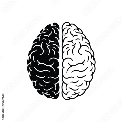 Stylized depiction of a human brain, split into contrasting black and white hemispheres, representing duality of thought, balance, and cognitive function