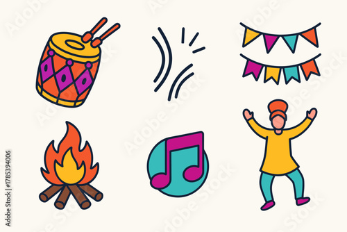 Vibrant Lohri Icons. Lohri Percussion Energy modern flat icon set: decorated dhol, drum beat lines, festive ribbons, bonfire, music icon, joyous figure.