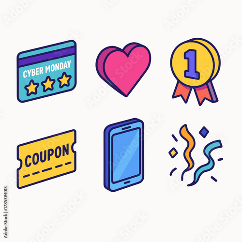 Isometric Loyalty Icons. Cyber Monday Loyalty Program modern flat icon set: points card, heart icon, reward badge, coupon ticket, smartphone, confetti.