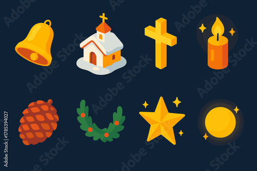 Holiday Icon Set. Peaceful Holiday Bells modern flat icon set: single bell, snowy chapel, cross, flickering candle, pinecone, garland, starry sky, soft glow.