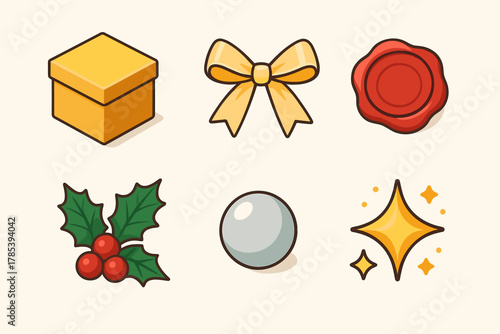 Elegant Gifting Icons. Elegant Gifting modern flat icon set: gold box, silk ribbon, wax seal, holly sprig, pearl bead, glitter accent.
