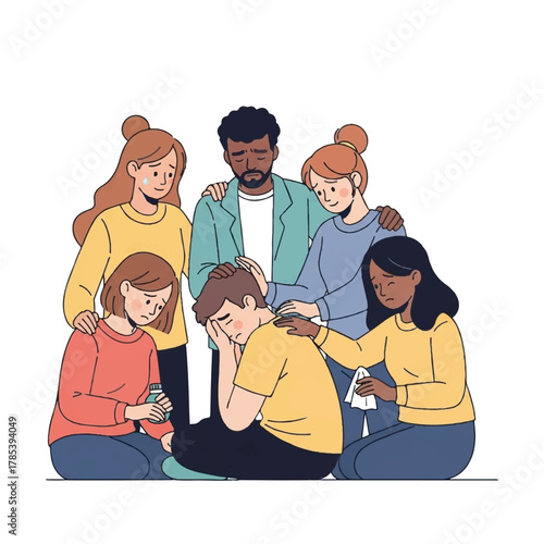 A diverse group of supportive friends consoling an individual dealing with sadness and grief