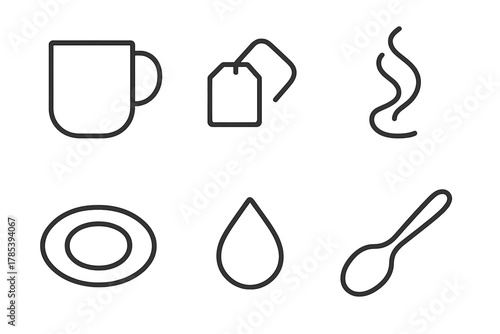 Comfort Drink Icons. Comfort Drink Designs outline icon set: simple mug, tea bag tag, swirl steam, saucer plate, droplet, spoon.