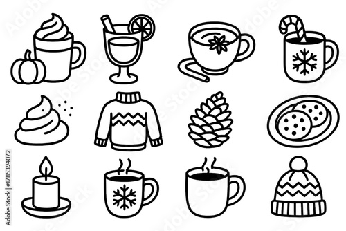 Seasonal Beverage Icons. Seasonal Comfort Sips outline icon set: pumpkin spice latte, mulled wine, chai tea, peppermint cocoa, whipped topping, cinnamon dust, cozy sweater,