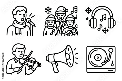 Winter Music Icons. Winter Music Fest outline icon set: singer with scarf, festive band, snowflake notes, glowing mic, headphones, violinist, loudspeaker, record player.