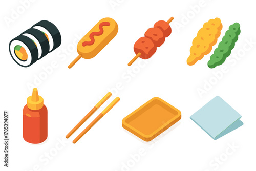 Isometric Snack Icons. Savory Snacks modern flat icon set: kimbap roll, corn dog, spicy chicken skewer, tempura veggies, sauce bottle, chopsticks, food tray, napkin.