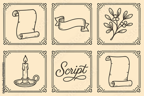 Antique Holiday Icons. Antique Card Style outline icon set: embossed border, ribbon, script font, mistletoe, candle, parchment.