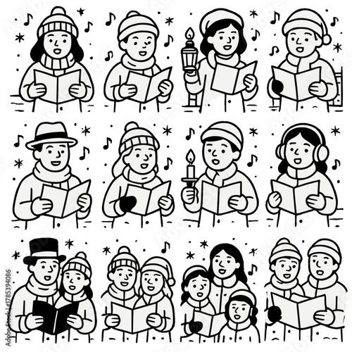 Christmas Caroling Icons. Christmas Carolers outline icon set: singing group, songbook, lantern, scarf, hat, mittens, snowflakes, candlelight, music notes, smiling faces, warm