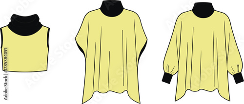Yellow and black fashion sketch, turtleneck collar design, crop top, poncho style, long sleeve variation, garment concept, vector illustration, stylish outfit, appare
