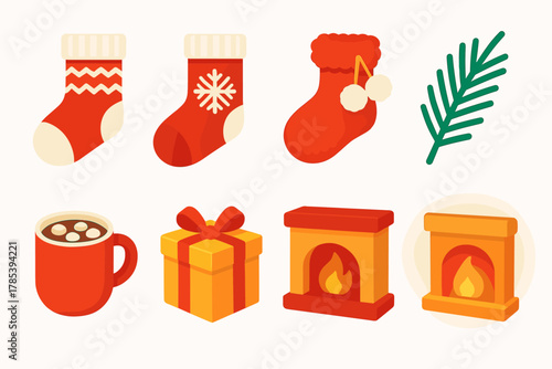 Festive Cozy Socks Icons. Festive Cozy Socks modern flat icon set: red and white knit, snowflake motif, fuzzy pom-poms, pine sprig, cocoa mug, wrapped gift, fireplace, soft glow.
