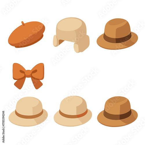 Stylish Winter Hats. Elegant Winter Accessories modern flat icon set: beret, faux fur hat, cloche style, wool fedora, bow accent, ribbon trim, velvet band, neutral tones.