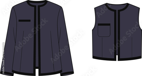 Jacket design sketch, long sleeve and sleeveless variation, round neckline, front opening, chest pocket, black trim detail, fashion illustration, vector apparel, garment concept