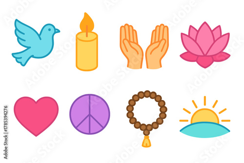 Spiritual Symbol Icons. Spiritual Harmony modern flat icon set: dove, candle flame, open hands, lotus flower, heart symbol, peace sign, prayer beads, sunrise.