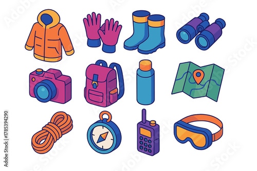 Expedition Gear Icons. Expedition Cruise Gear modern flat icon set: parka jacket, gloves, waterproof boots, binoculars, camera, backpack, thermos, map, rope, compass, radio, snow