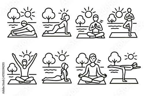 Peaceful Outdoor Yoga. Outdoor Yoga Sessions outline icon set: yoga mat, peaceful landscape, stretching figure, sun rays, calm water, tree in distance, balance pose, relaxed