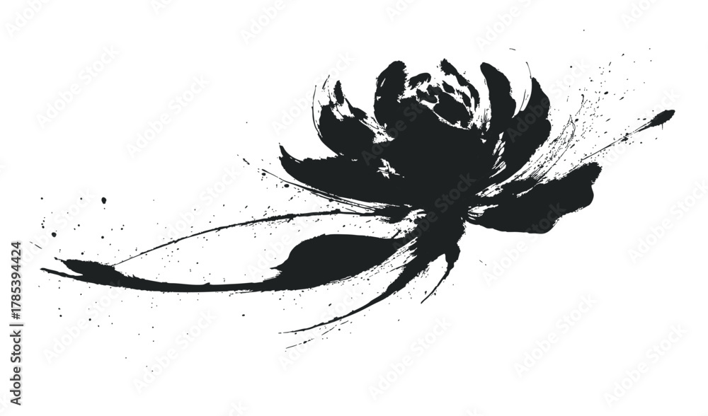 Fototapeta premium Asian brush painting of peony flower – black ink sumi-e floral illustration